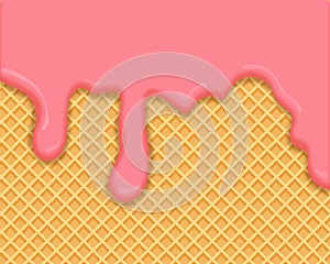 Illustration of strawberry ice cream flowing down the waffle. Close-up.