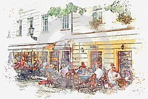 Illustration of a street cafe in Prague.