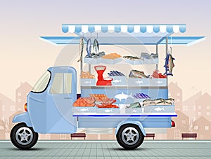 Illustration of street pickup truck selling fish