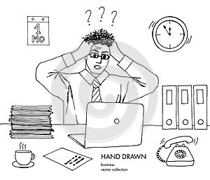 Illustration of stress at work. Businessman holds his head looking at the monitor. Hair stand on end. Confused, baffled