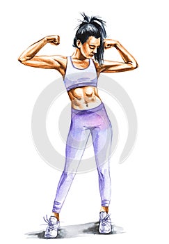 Illustration of Strong young woman flexing muscles