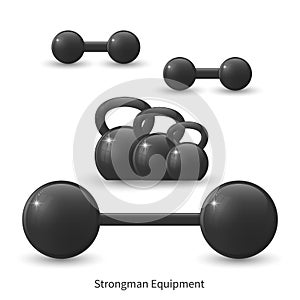 Illustration of strongman`s equipment - kettlebell, dumbbell and barbell.
