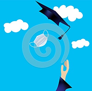 Illustration of student hand throwing his cap and mask in the air on a sky background with clouds. Graduation concept in pandemic