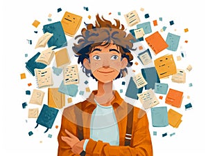 illustration of a student with a pile of books in his hands. Generative AI