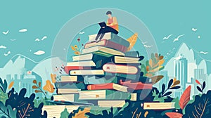 illustration of a student sitting on a pile of books. Education concept. Generative AI