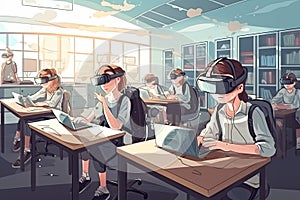 Illustration of students sitting in virtual reality glasses in the classroom at the tables. Modern technologies of education