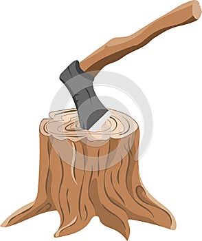 illustration of  stump and axe isolated, white background