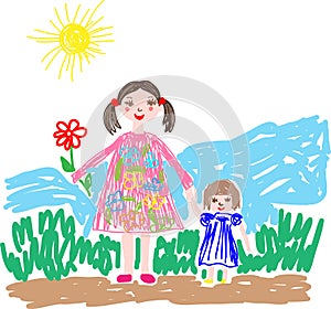 Illustration in the style of children`s drawing. Mother and daughter are walking