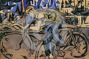 Female cyclist illustration in the style of Cubo-Futurism - Cubism photo