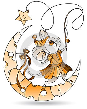 Illustration in the style of stained glas with a mouse with a fishing rod on the moon, isolated on a white background, tone brown