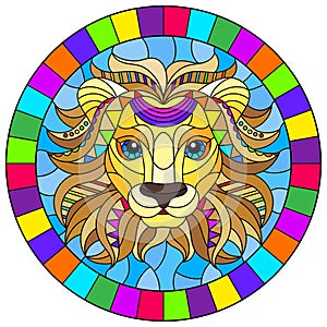 Stained glass illustration with  abstract rainbow lion head on a blue background, oval image in bright frame photo