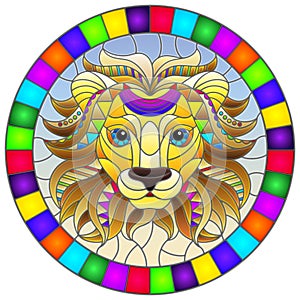 Stained glass illustration  with abstract rainbow lion head on a blue background, oval image in bright frame photo