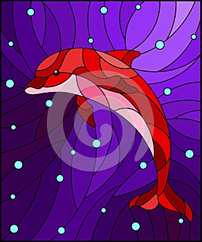 Stained glass illustration with a abstract red dolphin on the background of water and air bubbles