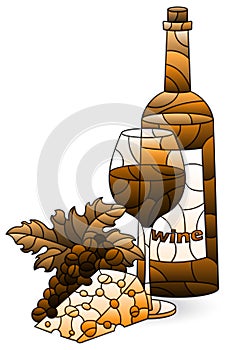 An illustration in the style of stained glass with an abstract still life with wine , figure isolated on a white background