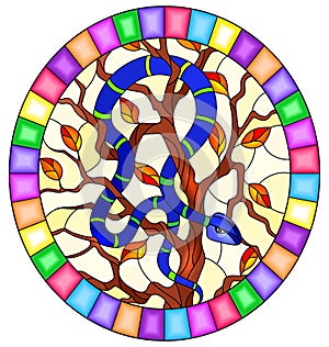 Stained glass illustration with  blued snake on the tree on yellow background, oval image in bright frame