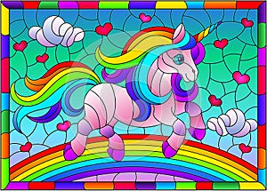 Illustration in the style of stained glass with bright rainbow cartoon unicorn against a cloudy blue sky and rainbow, in bright fr