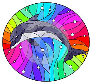 Stained glass illustration with dolphin on a rainbow background  and air bubbles