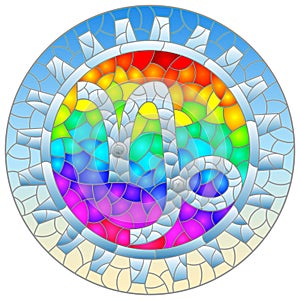 Illustration in the style of stained glass with an illustration of the steam punk sign of the Capricorn horoscope, round image