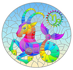 Illustration in the style of stained glass with an illustration of the steam punk sign of the horoscope Capricorn, oval image