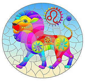 Illustration in the style of stained glass  with an illustration of the steam punk sign of the horoscope leo, oval image