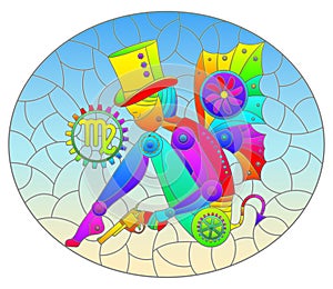 Illustration in the style of stained glass  with an illustration of the steam punk sign of the horoscope Virgo, oval image