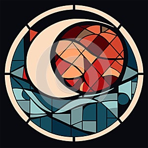 Illustration in the style of stained glass with the image of the moon on a dark background Generative AI