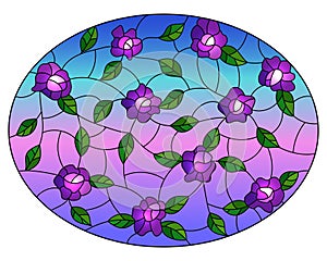 Stained glass illustration with intertwined purple flowers and leaves on a sky background, oval image