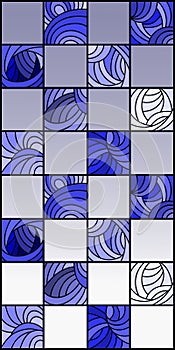 Stained glass illustration with squares arranged in a checkerboard pattern , blue gamma