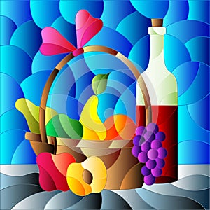 Illustration in the style of stained glass with still life, wine bottle and fruit basket, square image