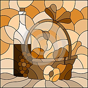 Illustration in the style of stained glass with still life, wine bottle and fruit basket, square image, tone brown