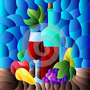 Illustration in the style of stained glass with still life,wine bottle, glass and fruit, square image
