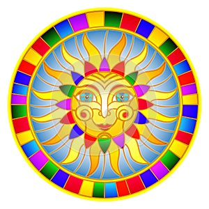 Stained glass illustration with abstract sun in bright frame,round image