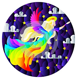 Illustration in the style of a stained glass window with an angel girl in a rainbow dress on the background of a starry night sky