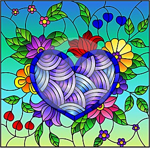 Stained glass illustration with  a bright blue heart and flowers against the sky photo