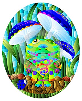 Illustration in the style of a stained glass window with a bright cartoon frog on a stone against a background of fly agarics