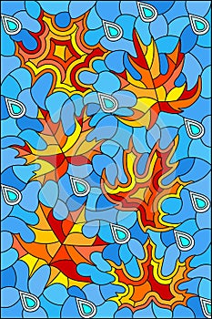 Stained glass illustration with  bright maple leaves and raindrops on a blue sky background