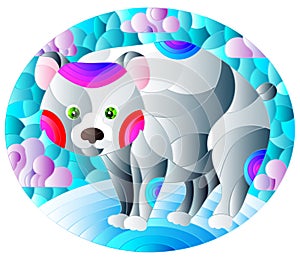 An illustration in the style of a stained glass window with a cute cartoon polar bear on the background of snow and a cloudy sky