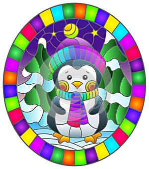 Illustration in the style of a stained glass window, cute penguin on the background of a winter night landscape