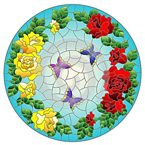 An illustration in the style of stained glass window with a floral wreath of roses a