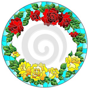 An illustration in the style of a stained glass window with a floral wreath of roses and on a blue background