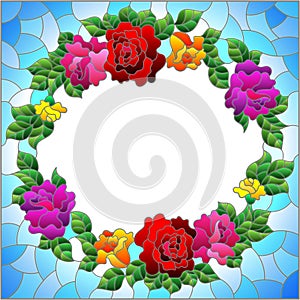 An illustration in the style of a stained glass window with a floral wreath of roses and butterflies , on a blue background