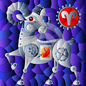 An illustration in the style of a stained glass window with an illustration of the steam punk sign of the horoscope aries