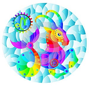 An illustration in the style of a stained glass window with an illustration of the steam punk sign of the horoscope Capricorn