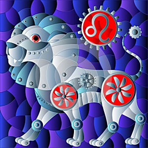 An illustration in the style of a stained glass window with an illustration of the steam punk sign of the horoscope leo