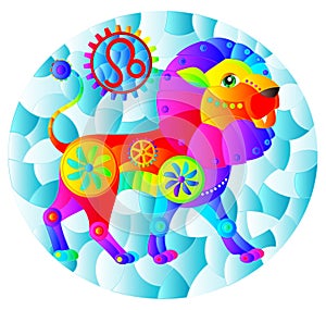 An illustration in the style of a stained glass window with an illustration of the steam punk sign of the horoscope leo