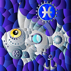 An illustration in the style of a stained glass window with an illustration of the steam punk sign of the horoscope pisces