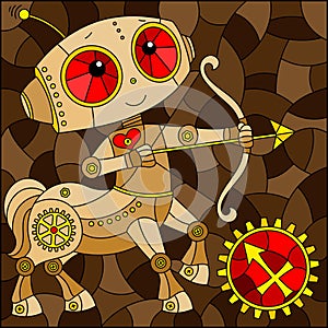 An illustration in the style of a stained glass window with an illustration of the steam punk sign of the horoscope Sagittarius