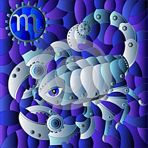 An illustration in the style of a stained glass window with an illustration of the steam punk sign of the horoscope scorpio