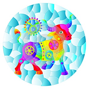 An illustration in the style of a stained glass window with an illustration of the steam punk sign of the horoscope Taurus