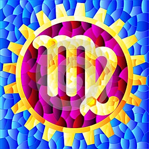 An illustration in the style of a stained glass window with an illustration of the steam punk sign of the horoscope Virgo